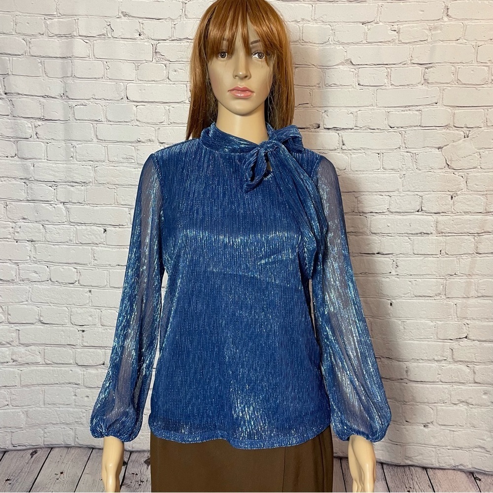 NWT New Cable & Gauge Blue Metallic Long Sleeve Tie Neck Blouse Size XS